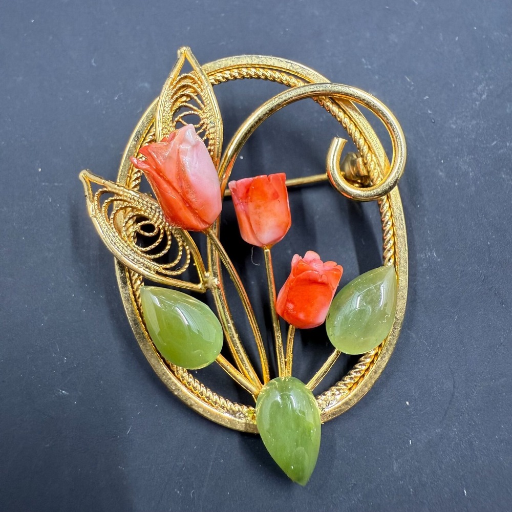 Vintage‎ Tulip Flower Brooch Coral Jade Green Red Gold Tone Oval Pin 2"